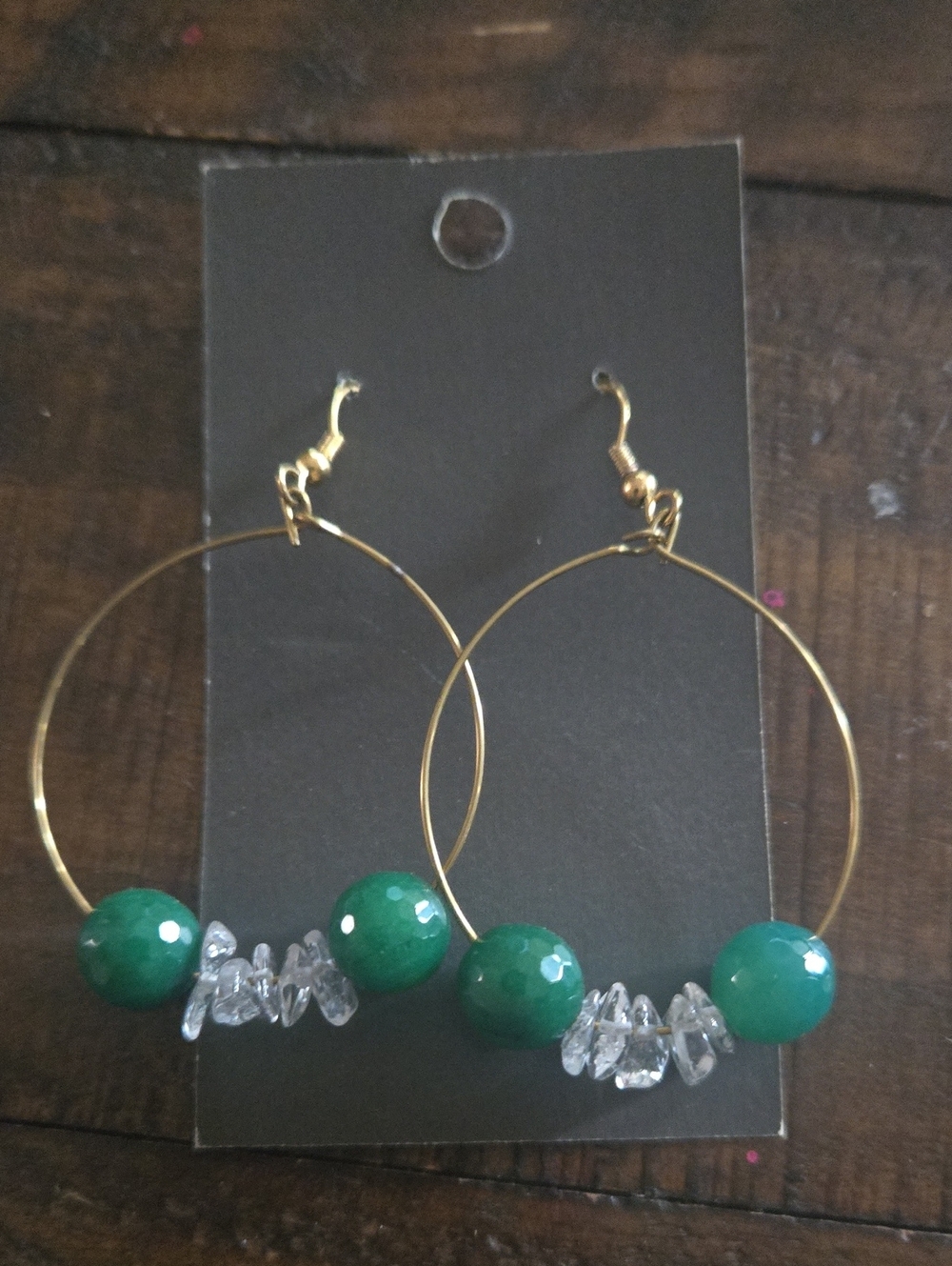 Gold Hoop Earrings with Green Agate Beads and Clear Crystal Accents